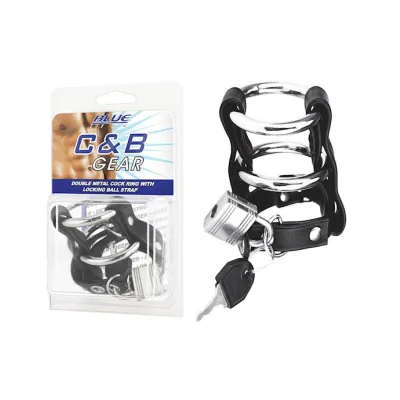 Double Metal Cock Ring With Locking Ball Strap Black