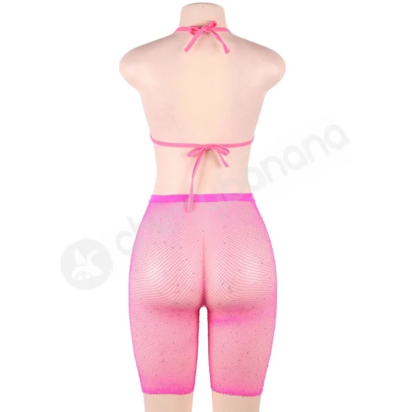 Cherry Banana Pink & Rhinestone Fishnet Bikini Style Top & Shorts Set