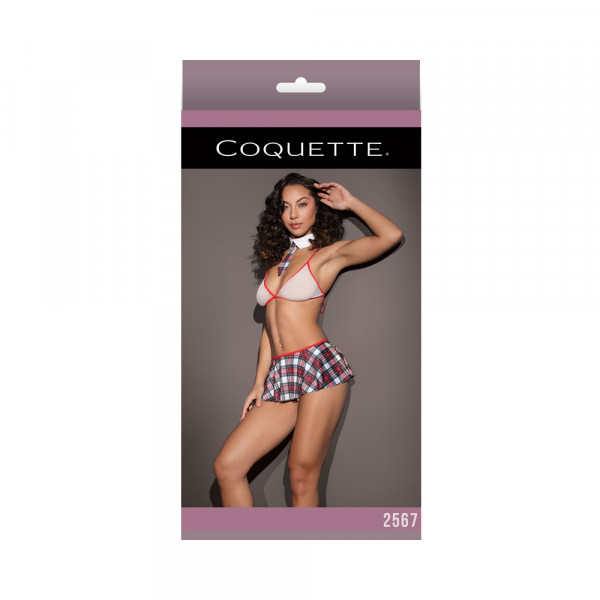 School Girl Fishnet Bralette W/ Plaid Knit Skirt & Collar White/red Os