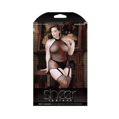 Sheer Body Language Halter Dress With Attached Stockings And Red Floral Design Black O s
