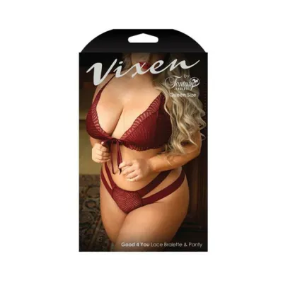 Vixen Good 4 You Lace Triangle Bralette Matching Panty With Double strap Waistband Burgundy Queen