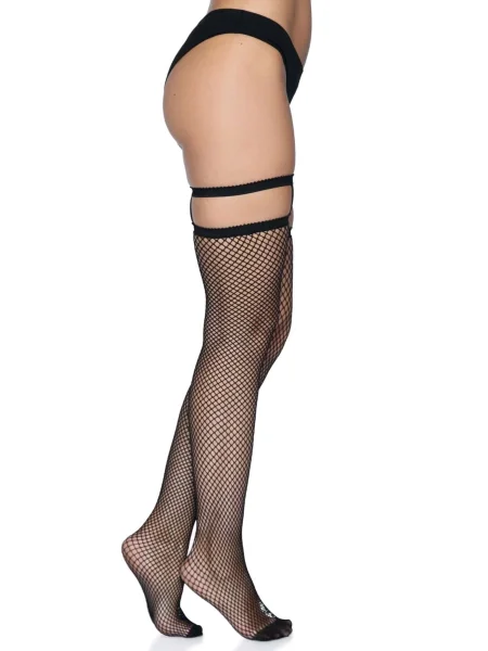 Garter Top Fishnet Thigh Highs - One Size - Black