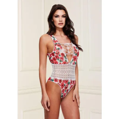 White Floral Lace Teddy With Lace Up Front