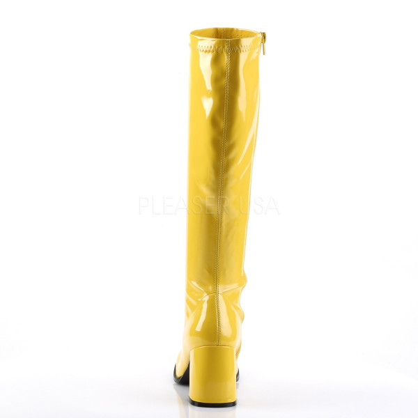 GOGO-300 - 3" Block Heel ST Gogo Boots, Yellow Patent, Side Zip