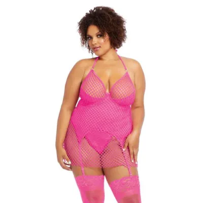 Fishnet 2 Layer Garterslip G String Hot Pink Q s