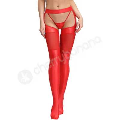 Cherry Banana Red Faux Leather Suspender Stockings With Attached G String