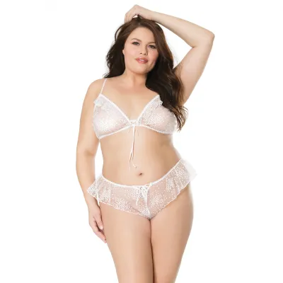 Plus Size Ruffle Floral Accent White Bralette Panty