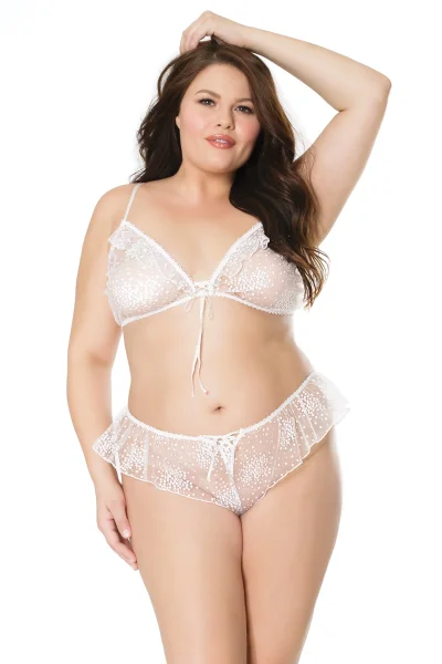 Plus Size Ruffle Floral Accent White Bralette & Panty