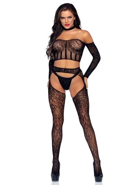 3 Pc. Halter Choker Crop Top, Suspender Hose, and  G-String - One Size - Black