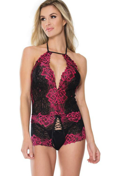Coquette Midnight Rose Crotchless Lace Teddy