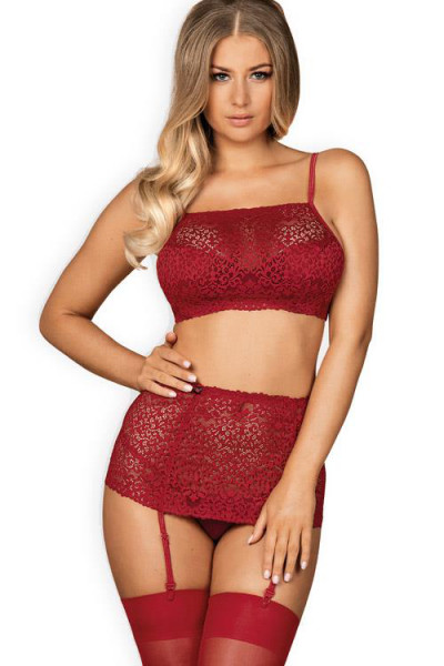 Obsessive Lividia Red Lace Bra with Garter Belt & Thong