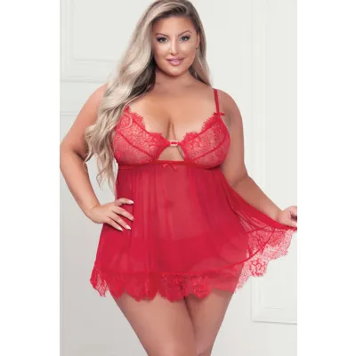 Eyelash Kisses Red Lace Mesh Babydoll with Crotchless Panty By Seven Til Midnight