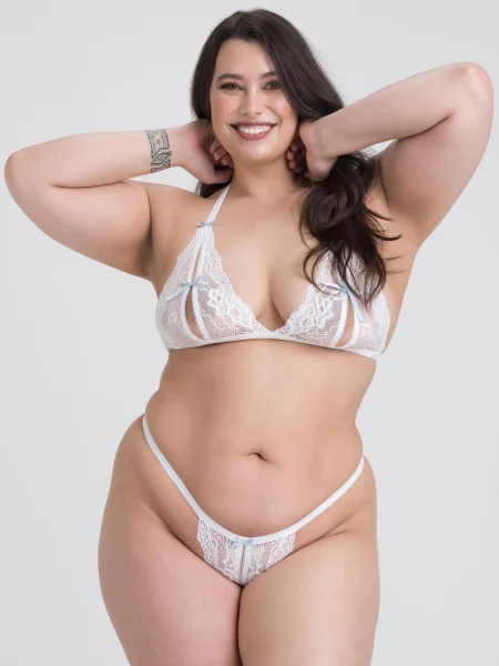 Lovehoney Plus Size Peek-a-Boo White Lace Bra and Crotchless G-String