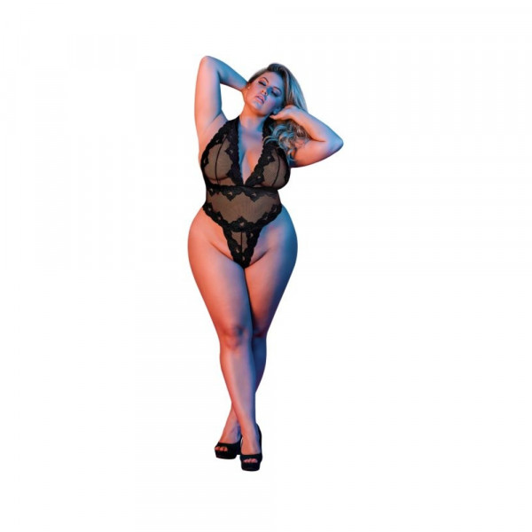 Magic Silk Sexy Time Deep Plunge Halter Teddy Black Queen Size