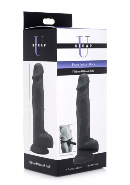 Strap U Power Pecker 7" Silicone Suction Cup Dildo With Balls - Pink