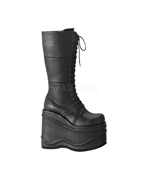 WAVE-302 - 5 3/4" Goth Punk Cyber Lace-Up P/F Blk Pu Knee BT