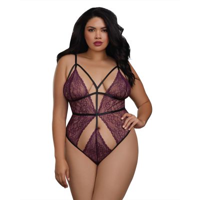 Dreamgirl One Size Plum Stretch Lace Teddy with Strappy Elastic Details