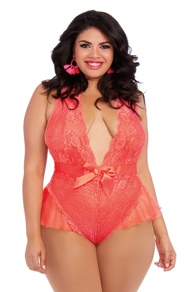Dreamgirl One Size Queen Plus Size Stretch Scalloped Galloon Lace Teddy with Plunging Halter Neckline