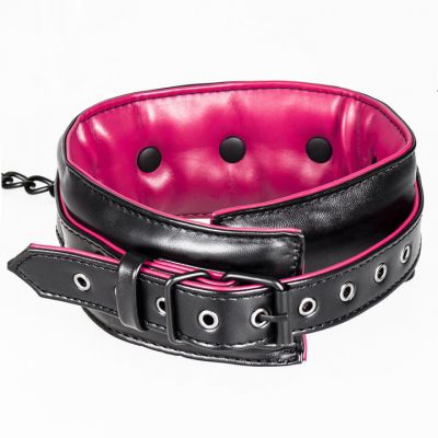 Bondara Choke Pink and Black Faux Leather Collar with Leash