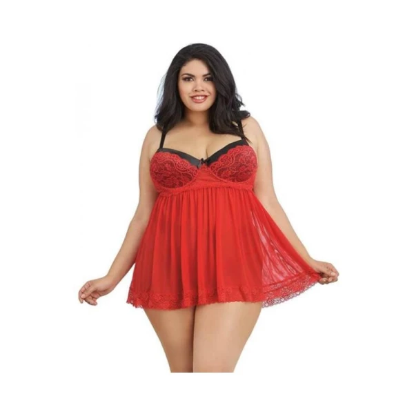 Dreamgirl Stretch Mesh And Lace Babydoll With Underwire Push-up Cups And G-string Plum Large Hanging