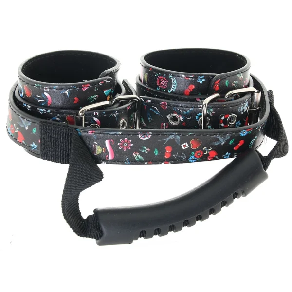 Ouch Old School Tattoo Printed Hand Cuffs With Handle