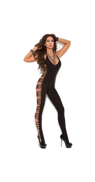 Vivace Deep V Opaque Bodystocking w/Cut Out Side Detail Black O/S