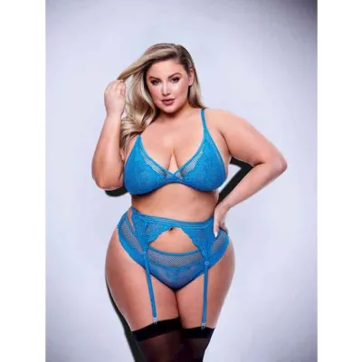 Baci 3pc Lace Mesh Bra Garter Panty Set blu q Bx