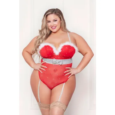 Rhinestone Studded Mesh Teddy With Marabou Trim 1x 2x Red