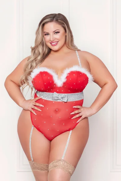 Rhinestone Studded Mesh Teddy With Marabou Trim - 1x-2x - Red