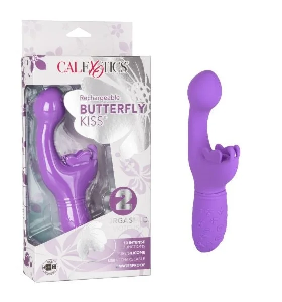 Butterfly Kiss Silicone Rechargeable Waterproof Dual-Stimulation Vibrator By CalExotics - Blue