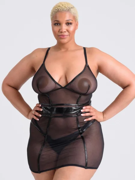 Lovehoney Plus Size Fierce Wet Look and Mesh Panelled Black Mini Dress Set