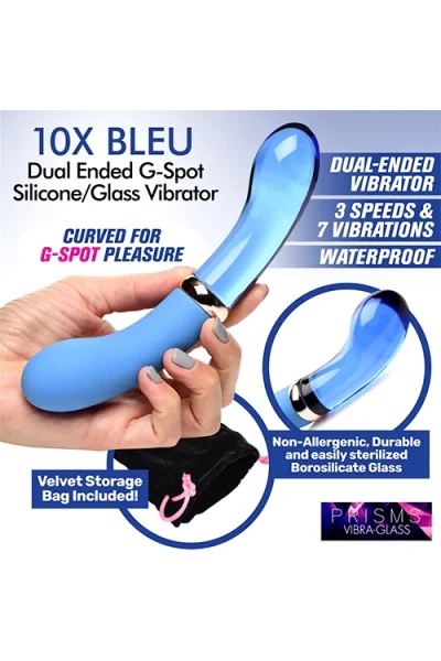 Prisms Erotic Glass Vibra-Glass: 10X Bleu - 7" Dual Ended Silicone/Glass G-Spot Vibrator