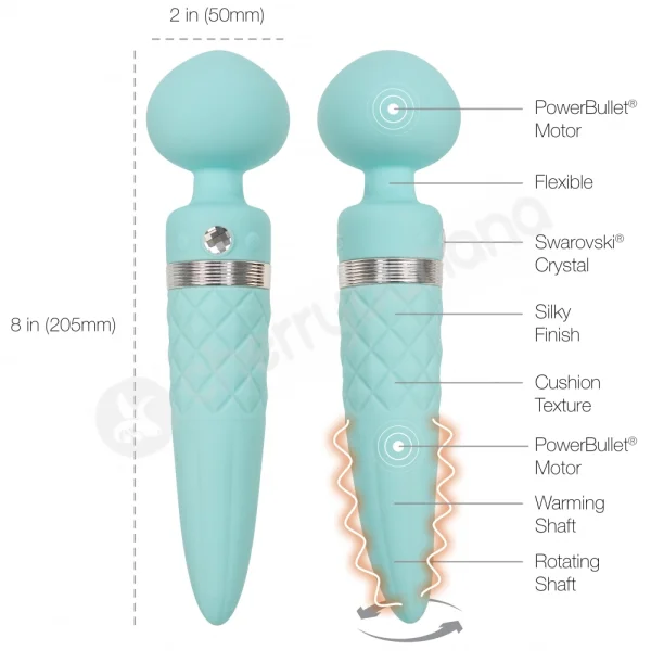 Pillow Talk Sultry Teal 8" Dual Ended Heated Massager Wand With Swarovski Crystal