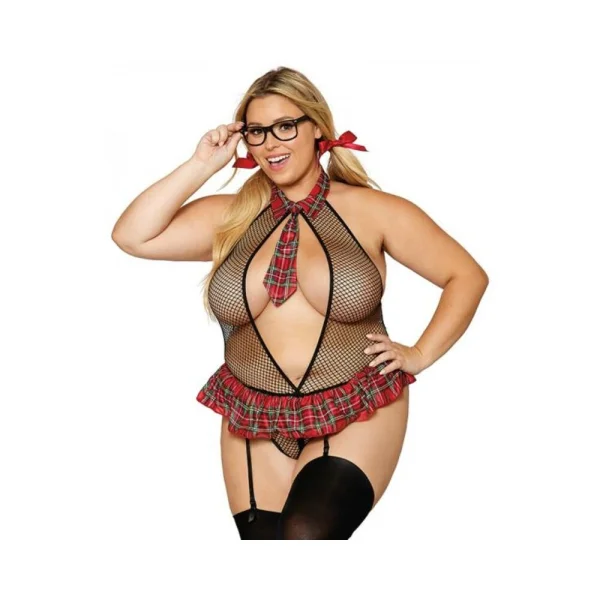 Women's Lingerie: Dreamgirl Schoolgirl Fantasy Costume Fishnet Skirted Garter Teddy, 2-piece Hair Bows & Plastic Glass