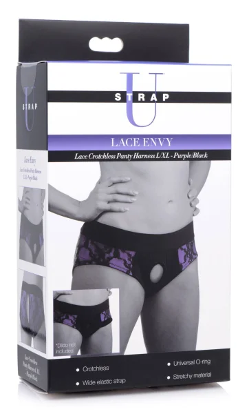 Lace Envy Crotchless Panty Harness - S- M Black and Purple