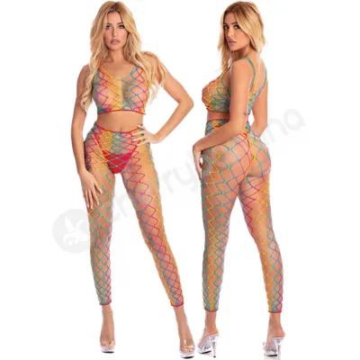 Pink Lipstick Rainbow 2 Piece Bodystocking O S