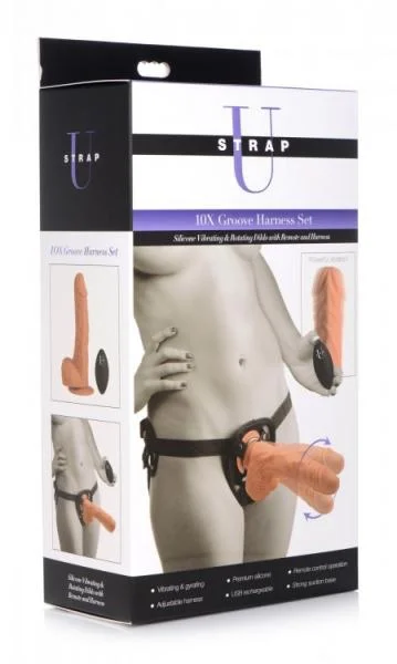 Strap U 10x Groove Silicone Vibrating & Rotating Dildo W/ Remote & Harness — image 4 of 8