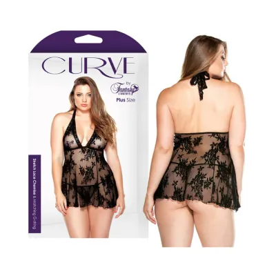 Curve Stretch Lace Chemise Matching G string Black 3x 4x