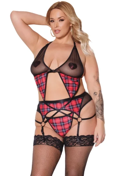 Plaid Peek-A-Boo Bra, Panties & Matching Garter Belt — image 13 of 16