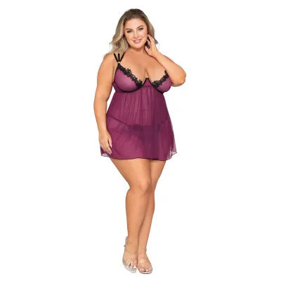 Babydoll and Open Crotch G String Queen Size Mulberry