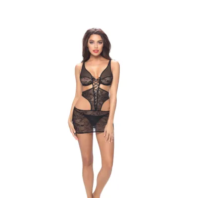 Lace Deep Plunge Babydoll G String One Size Black