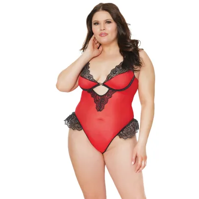 Plus Size Red Mesh Black Ruffle Lace All Access Teddy