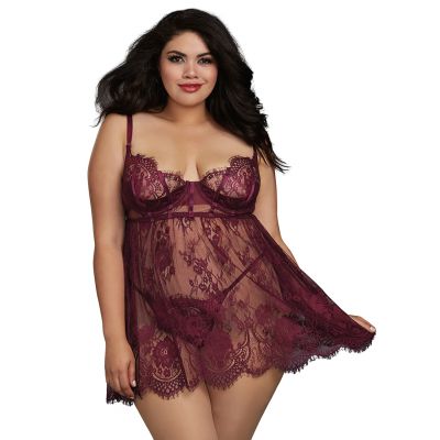 Dreamgirl 1X Mulberry Eyelash Lace Babydoll with Satin Elastic Detailing and Full Skirt