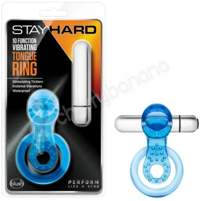 Stay Hard 10 Function Blue Vibrating Tongue Cock Ring With Ball Strap