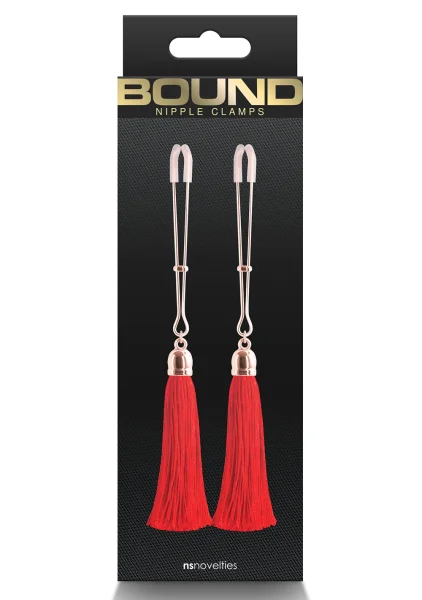 Bound Adjustable T1 Tassel Nipple Clamps by NS Novelties - Rose Gold & Red