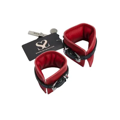Bound X Padded Leather Wrist Cuffs With Thin Strap Red Black