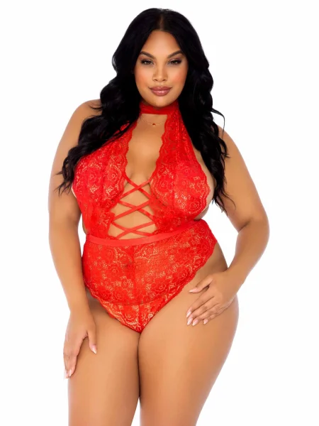 Floral Lace Crotchless Teddy  - 1x-2x - Red