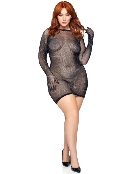 Rhinestone Fishnet Gloved Dress - 1x-2x