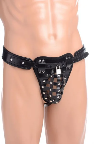 Strict Faux Leather & Metal Netted Male Chastity Jock — image 6 of 8