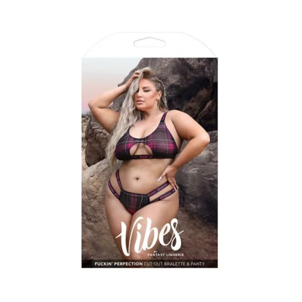 Women's Lingerie: Fantasy Lingerie Vibes Fuckin' Perfection Plaid Mesh Cut Out Bralette & Panty Black Queen Size